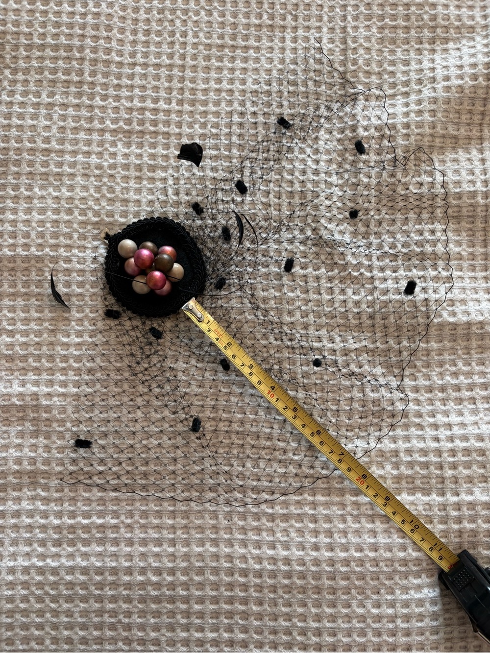 Black Veiled Fascinator with Feathers and Pink Pearl Accents - Picture 10 of 12